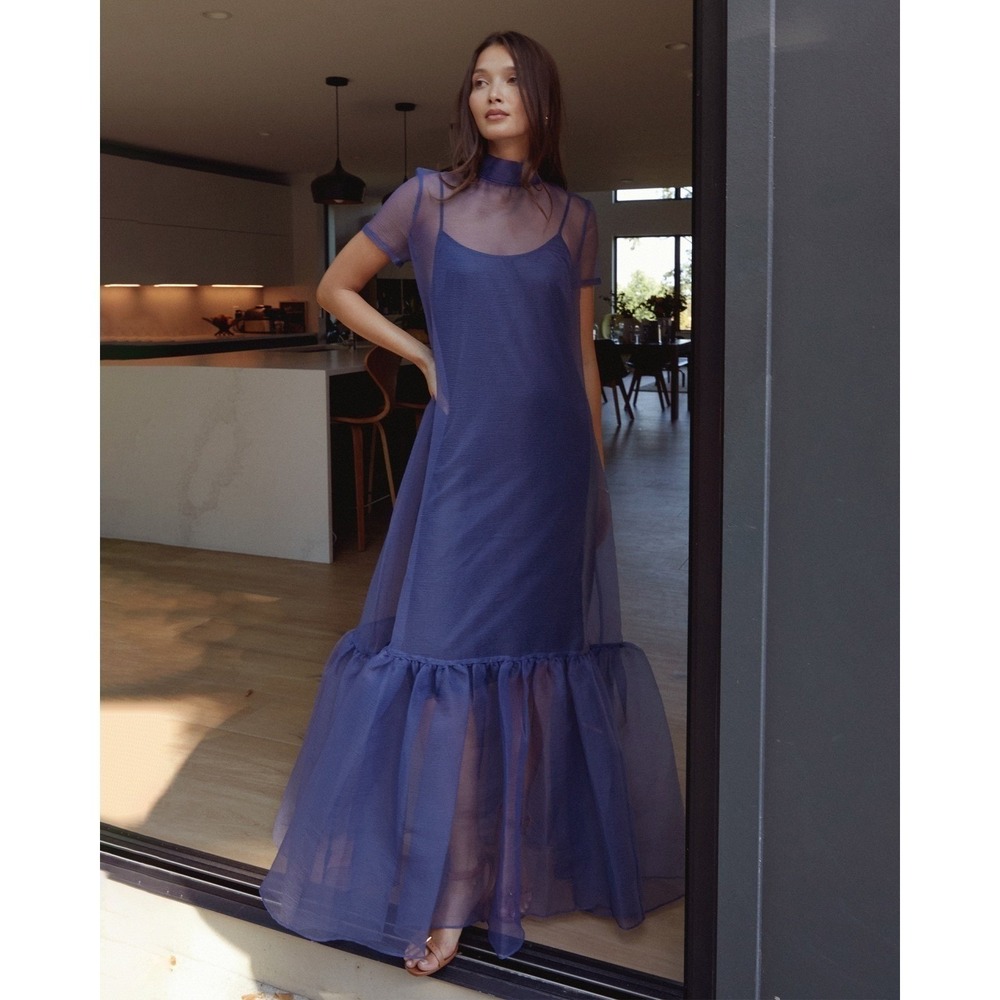 NWT CAARA Melody Tie Neck Organza Ruffle Hem Dress Navy Blue - Size Medium - Picture 8 of 14